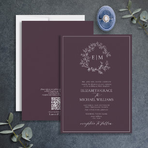 Invitación Código QR Monograma Escudo de plomo púrpura de cir