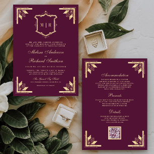 Invitación Código QR Monograma Gold Crest Bodas Ciruela Púrpu