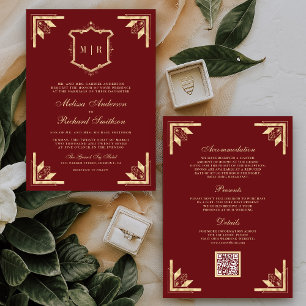 Invitación Código QR Monograma Gold Crest Rojo Granate Boda
