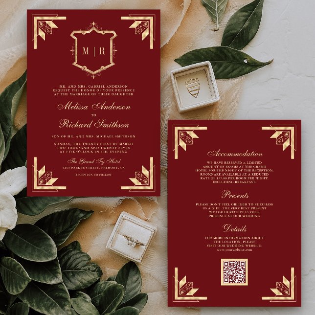 Invitación Código QR Monograma Gold Crest Rojo Granate Boda (Subido por el creador)