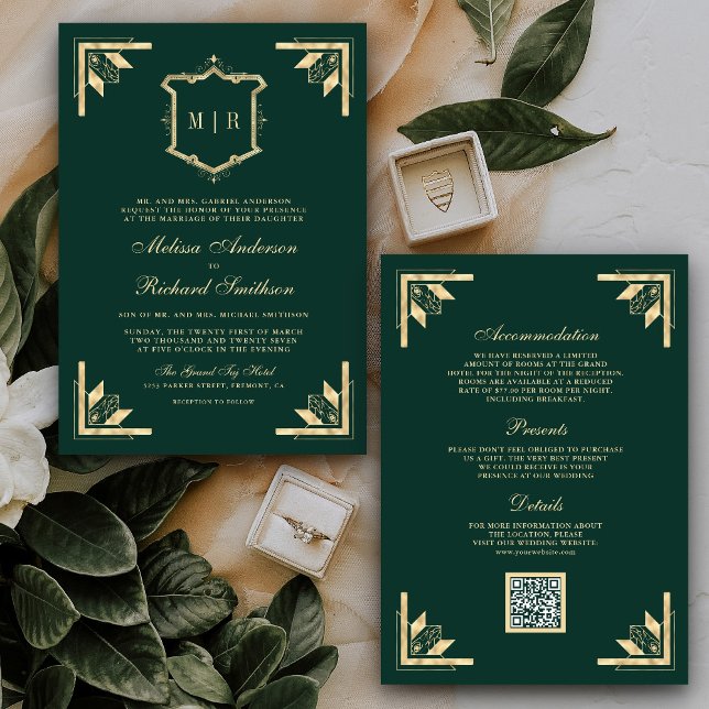 Invitación Código QR Monograma Gold Crest Verde Esmeralda Bod (Subido por el creador)
