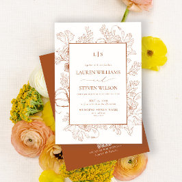 Invitación Código QR Monograma Naranja Línea Floral Boda de a