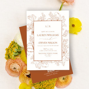 Invitación Código QR Monograma Naranja Línea Floral Boda de a