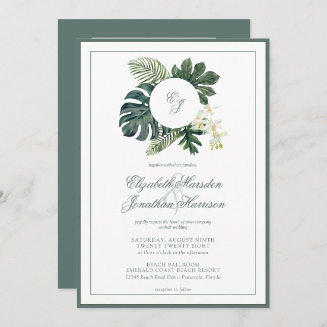 Invitación Código QR Monograma Orquídea Tropical Monstera Fot (Anverso / Reverso)