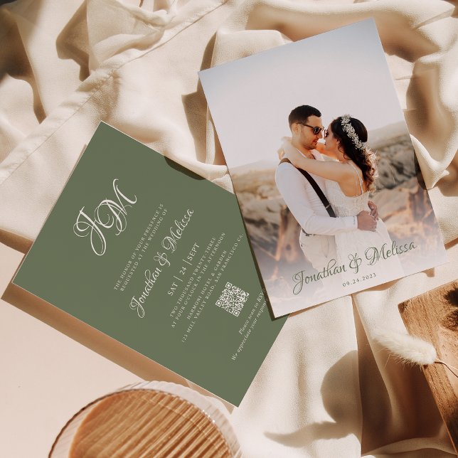 Invitación Código QR Monograma Script Sage Green Photo Boda (Subido por el creador)
