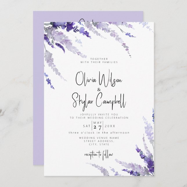 Invitación Código QR morado floral de lavanda todo en un Boda (Anverso / Reverso)
