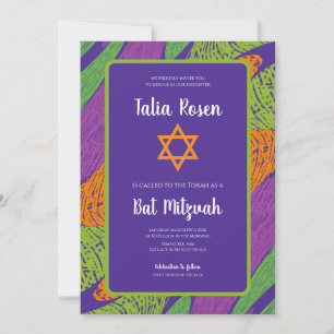 Invitación Código QR Morado y Verde de Bat Mitzvah Retro