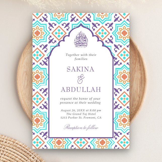 Invitación Código QR Mosaico Persa Morado Verde Musulmán Boda (Subido por el creador)