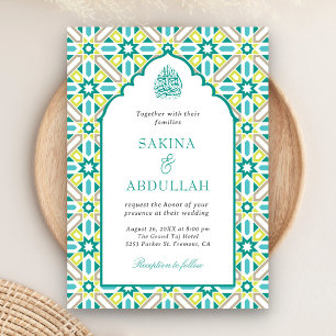 Invitación Código QR Mosaico Persa Verde Menta Boda Musulmana