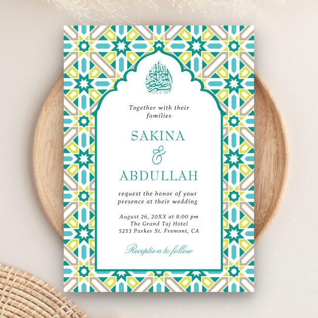 Invitación Código QR Mosaico Persa Verde Menta Boda Musulmana (Subido por el creador)