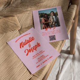 Invitación Código QR Naranja Rosa Brillante Funky Photo Boda
