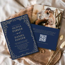 Código QR Navy Blue Gold Foto Boda Minimalista