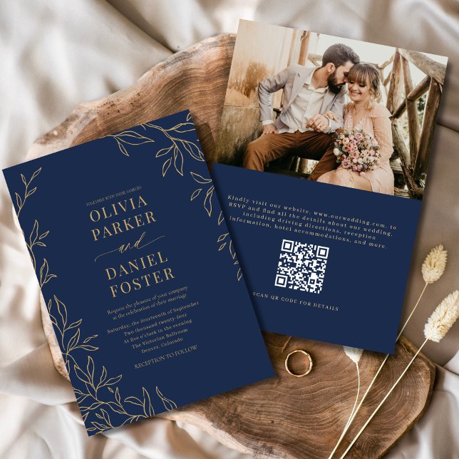 Invitación Código QR Navy Blue Gold Photo Elegant Wedding (Subido por el creador)
