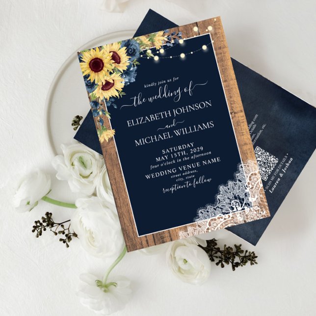 Invitación Código QR Navy Boda de encaje de madera de girasol (Subido por el creador)