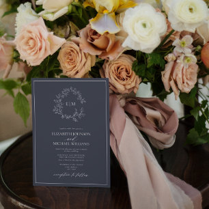 Invitación Código QR Navy Escudo de Leafy Azul Monograma Boda