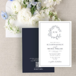 Invitación Código QR Navy Escudo de Leafy Azul Monograma Boda