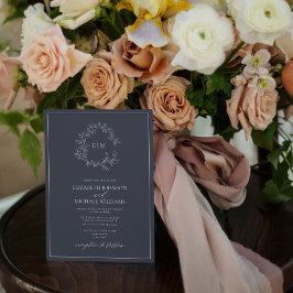 Invitación Código QR Navy Escudo de Leafy Azul Monograma Boda