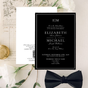 Invitación Código QR Negro Blanco Clásico Monograma Boda