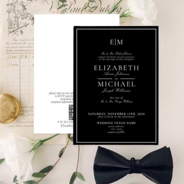 Invitación Código QR Negro Blanco Clásico Monograma Boda (Subido por el creador)