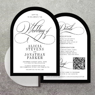 Invitación Código QR negro blanco elegante escritura en arco