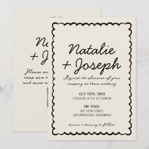 Invitación Código QR Negro Crema Moderno Caprichoso Boda