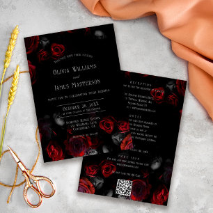 Invitación Código QR Negro y Rojo Floral Todo en Uno Boda