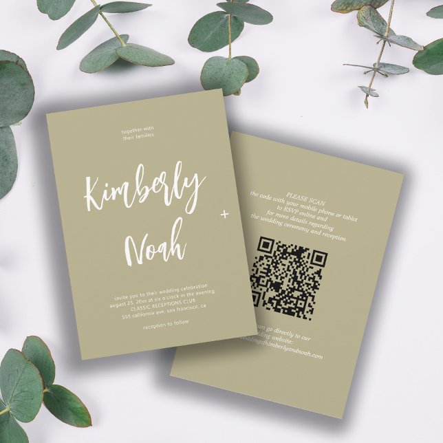 Invitación Código QR nombres simples guión sage boda verde (Subido por el creador)