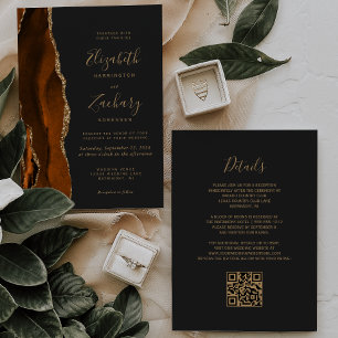 Invitación Código QR Nupcial Ágata Dorada Naranja Quemada Osc
