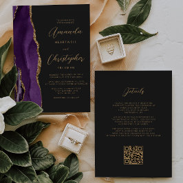 Invitación Código QR Nupcial Ágata Dorada Púrpura Oscura