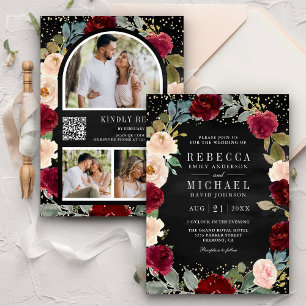 Invitación Código QR Nupcial Floral de Melocotón Borgoña Negr