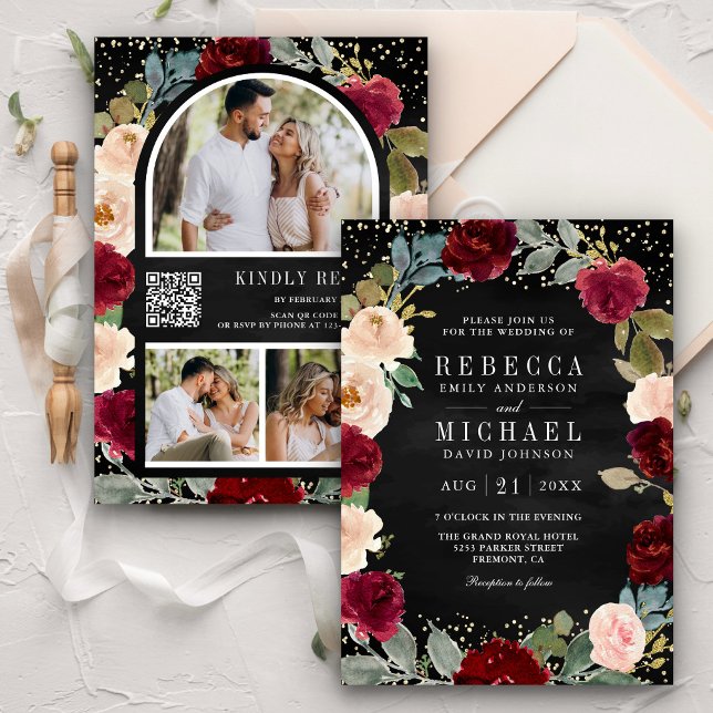 Invitación Código QR Nupcial Floral de Melocotón Borgoña Negr (Subido por el creador)