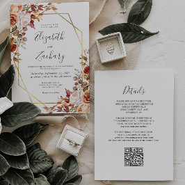 Invitación Código QR Nupcial Floral Otoñal Acuarela Dorado