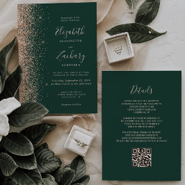 Invitación Código QR Nupcial Moderno Verde Esmeralda con Bril