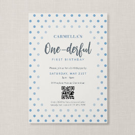 Invitación Código QR One-derful Azul Lunares Primer Cumpleaño