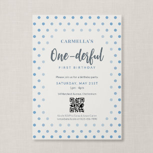 Invitación Código QR One-derful Azul Lunares Primer Cumpleaño