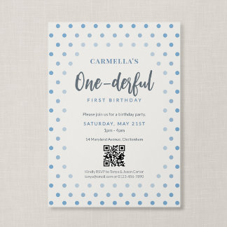 Invitación Código QR One-derful Azul Lunares Primer Cumpleaño