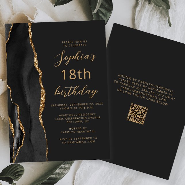 Invitación Código QR oscuro de escritura de ágata de oro negr (Subido por el creador)