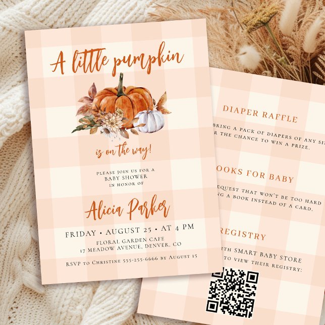 Invitación Código QR otoño gingham calabaza baby shower (Subido por el creador)