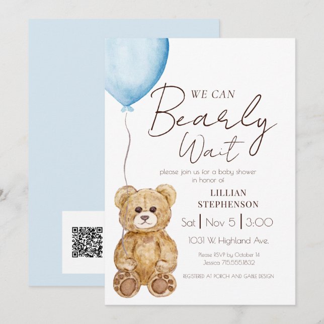 Invitación Código QR para Baby Shower de Niño Blue We Can Bea (Anverso / Reverso)