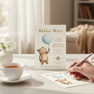 Invitación Código QR para Baby Shower de Oso y Globo Azul Bea