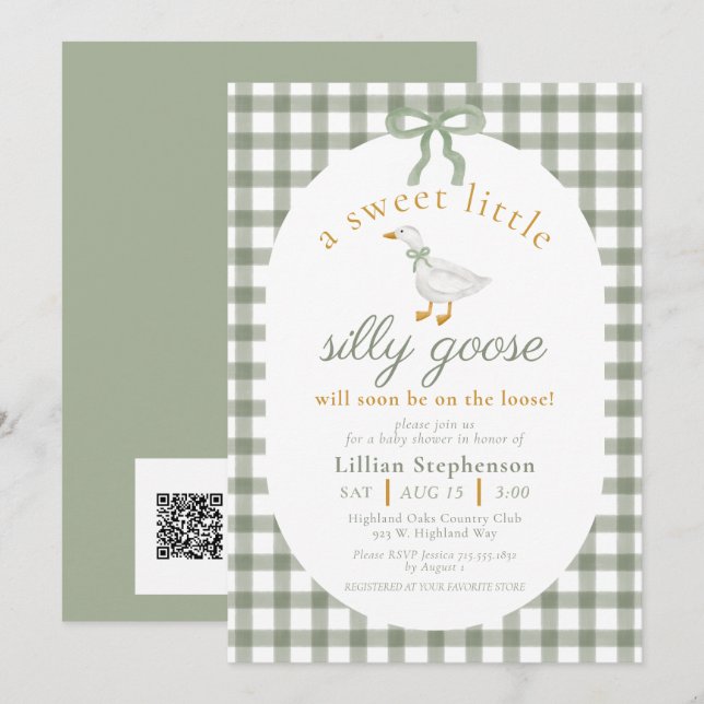 Invitación Código QR para Baby Shower Silly Goose Green Gingh (Anverso / Reverso)