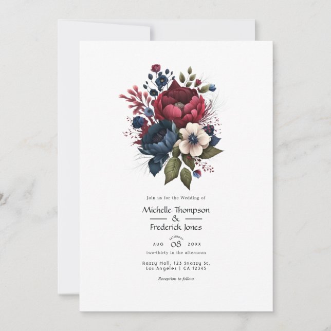 Invitación Código QR para Bodas florales de Borgoña y Marina (Anverso)