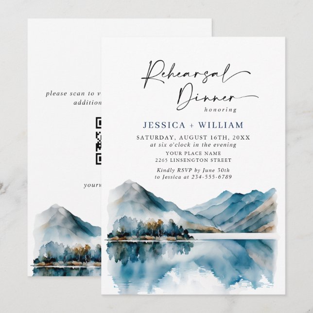 Invitación Código QR para cena de ensayo en el bosque de mont (Anverso / Reverso)