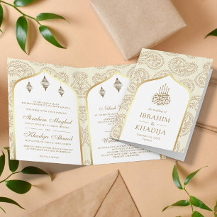 Invitación Código QR para crema y paisley de oro Boda musulmá