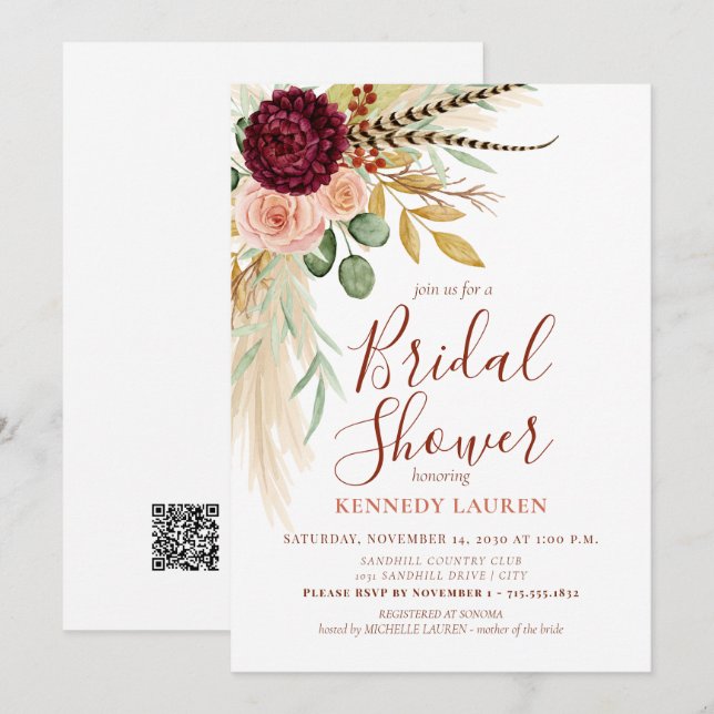 Invitación Código QR para Ducha de Novia Floral Boho de Hierb (Anverso / Reverso)