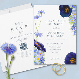 Invitación Código QR para el Boda de Flor Azul