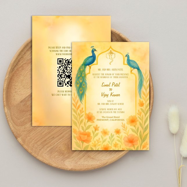Invitación Código QR para el Boda hindú de la flor de pavo re (Subido por el creador)