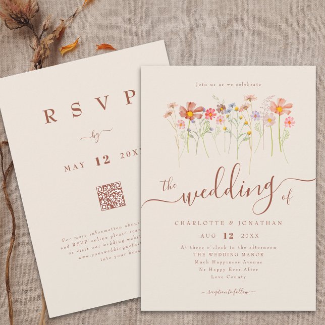 Invitación Código QR para el Boho Fall Beige Terracotta (Boho rustic wildflower floral beige terracotta wedding qr code invitation country meadow flowers)