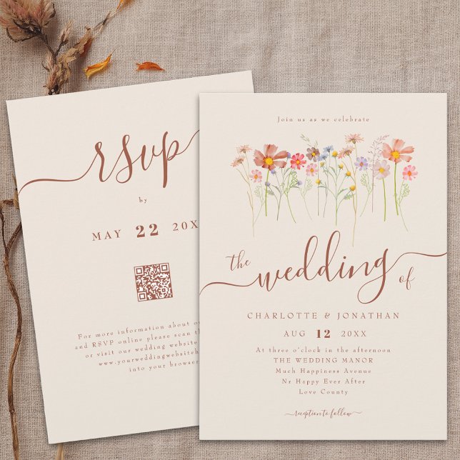 Invitación Código QR para el Boho Fall Beige Terracotta (Boho fall Wildflower floral beige terracotta Wedding qr code invitation Watercolor meadow flowers)