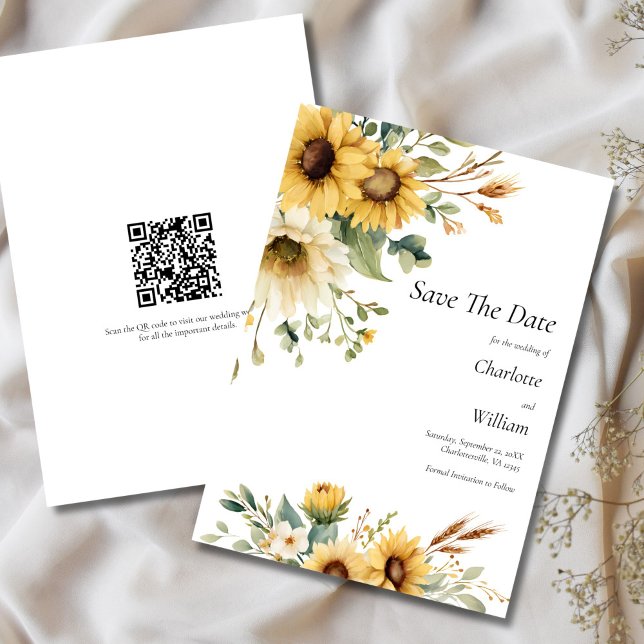 Invitación Código QR para guardar la fecha de la boda de gira (Sunflowers Rustic Country Farmhouse QR Code Wedding Save the Date Card)